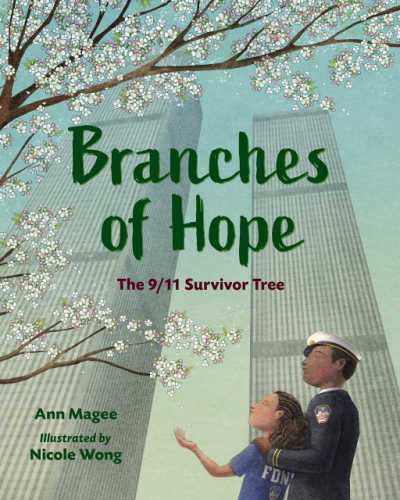 Branches of Hope book cover showing family under tree and the world trade center.