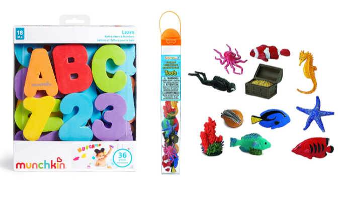 colorful bath letters in box next to plastic sea animal toys