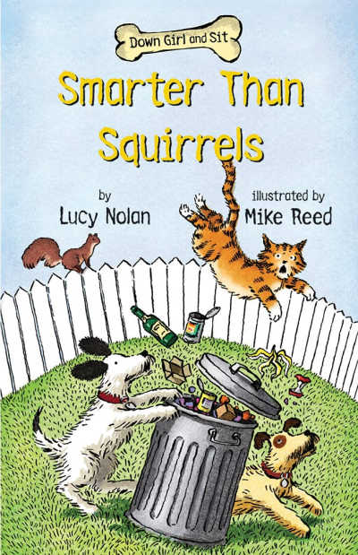 Smarter Than Squirrels book cover showing cat jumping over trash can and dogs. 