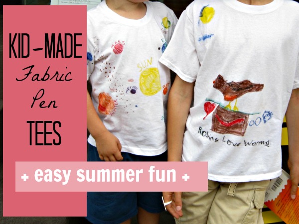 Two children wearing tee shirts designed with fabric pens