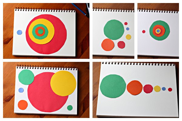 Four images of colored circles arranged in different ways based on the Fibonacci sequence.