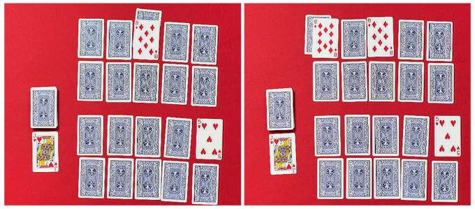 side by side layouts of twenty playing cards on a red background