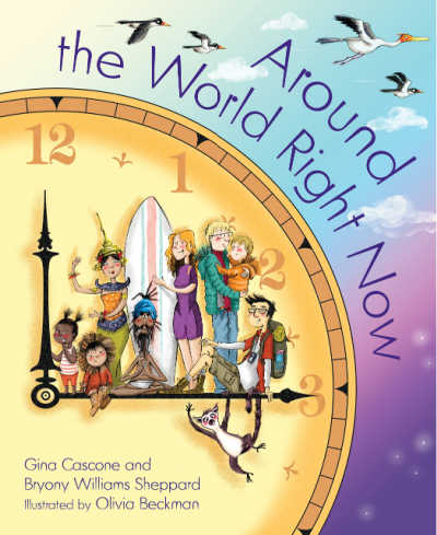 around the world right now book cover with multicultural group standing on large clock hand