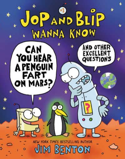 Jop and Blip book cover showing two robots in space looking at a penguin