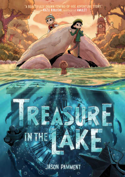 Treasure in the Lake graphic novel book cover showing two children on rock looking into the water