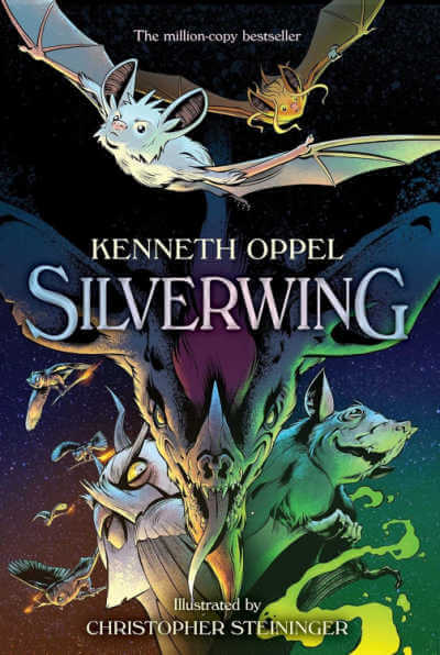 Silverwing graphic novel book cover showing silver bat flying above scary creatures.