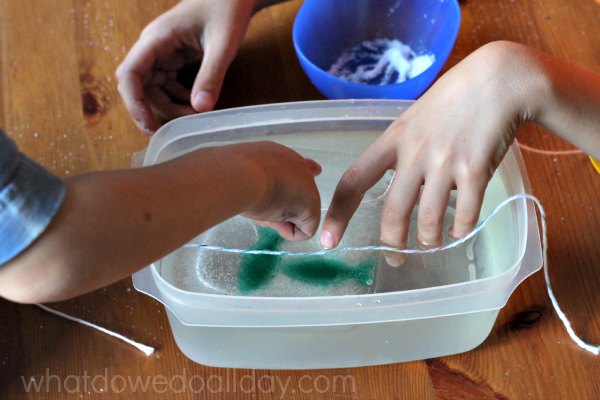 Ice cube salt and string experiment with kids. 