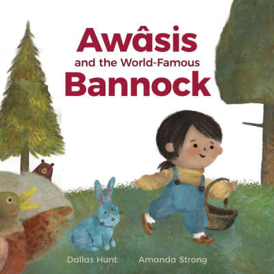Awâsis and the World-Famous Bannock book cover showing Cree girl with basket and woodland animals