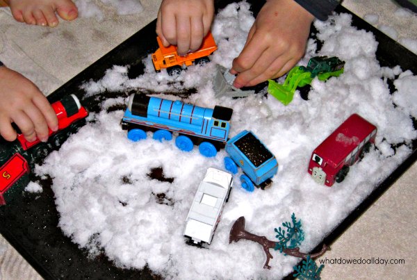 Indoor snow play with toy cars