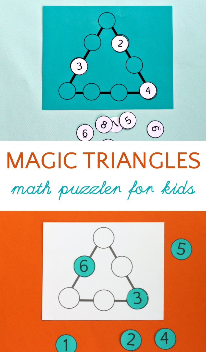 Two different magic triangle math puzzles for kids