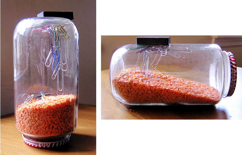 two photos of magnet busy jar filled with red lentils and paperclips attracted to large magnet