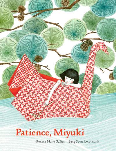 Patience Miyuki book cover showing girl on origami swan in a river
