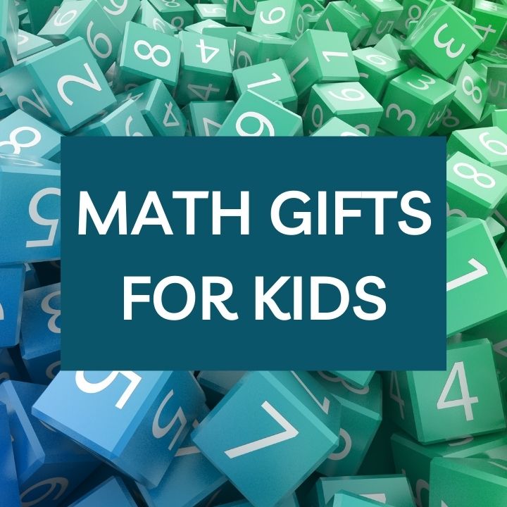Jumble of colorful dice and text overlay math gifts for kids.