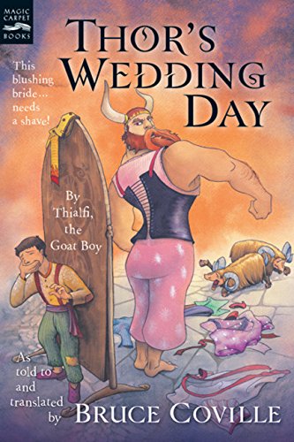 book cover for Thor's Wedding Day showing cartoon of Thor in a dress