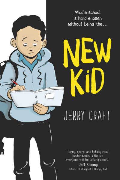 New Kid graphic novel by Jerry Craft book cover featuring Black student reading notebook