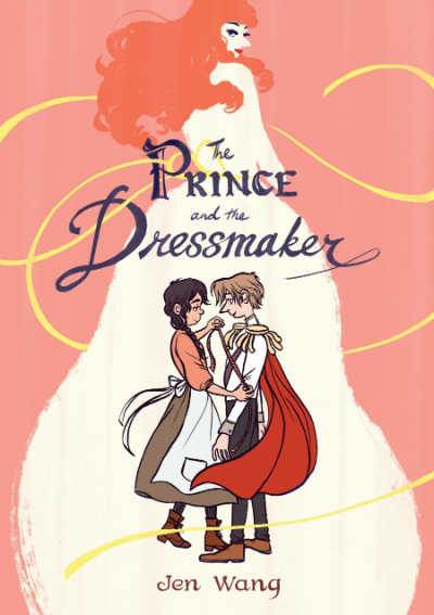 The Prince and the Dressmaker graphic novel book cover showing dressmaker taking prince's measurements