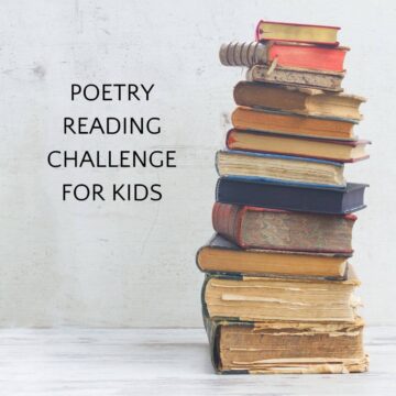 Stack of vintage books with text poetry reading challenge for kids