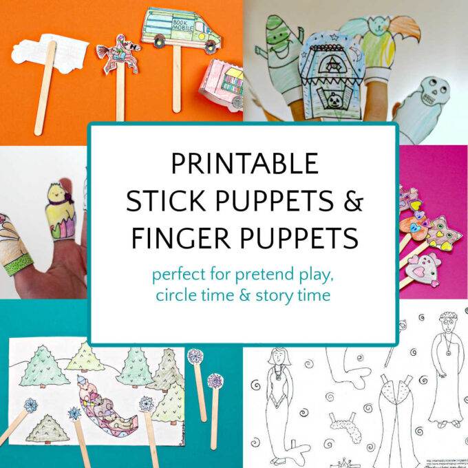 Collage of paper printable stick puppets and finger puppets for kids