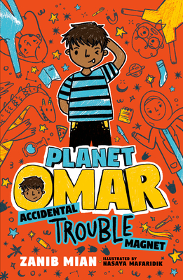 Planet Omar book cover. boy on orange doodle background