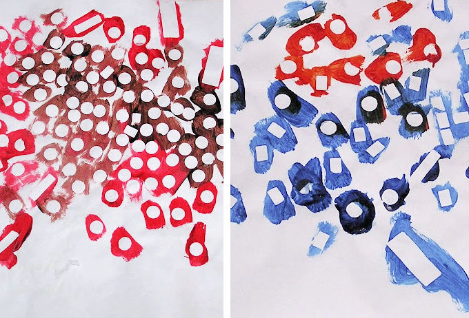 Side by side child art of white dots on color splotches