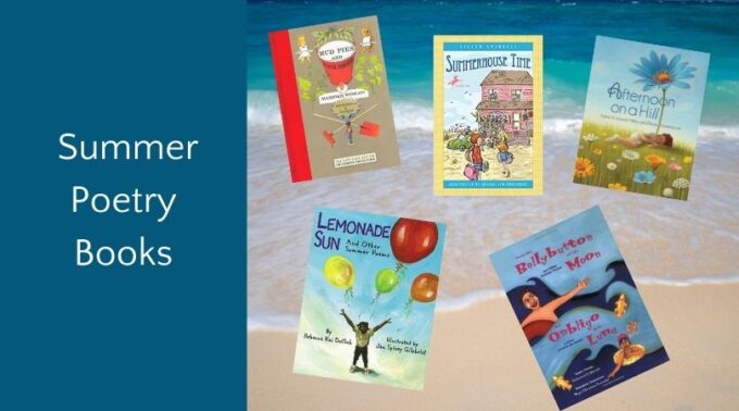 Summer poetry books for kids on ocean background