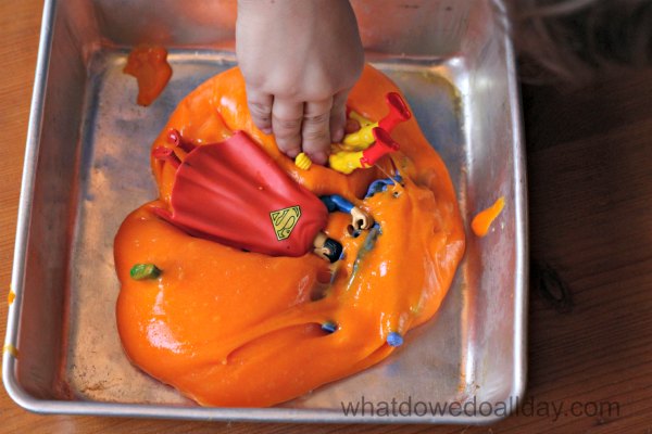 Superhero slime in a pan.