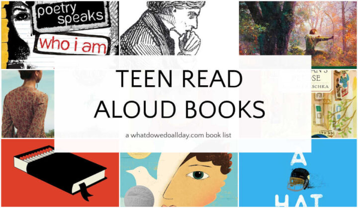 Collage of books with text overlay, Teen Read Aloud Books.
