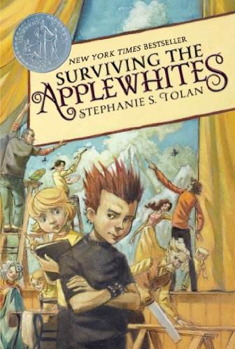 Surviving the Applewhites book cover showing spike haired teen on with family working on stage set in background
