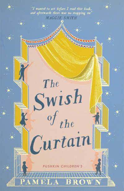 The Swish of the Curtain book cover displaying a yellow theater curtain on a light blue background