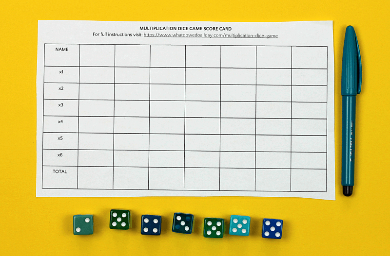 multiplication dice game scorecard and dice
